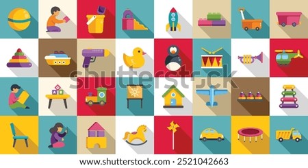 Children playroom icons set. Children toys flat icons set with a boy playing with blocks and a girl using a tablet