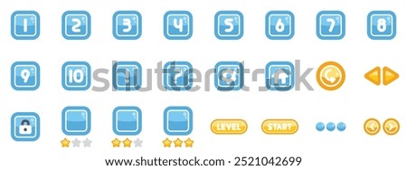 Set of game buttons with numbers and icons showing interface elements for mobile games or apps