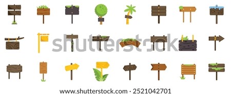 Set of various wooden signs pointing in different directions with various backgrounds including grass, trees, and moss