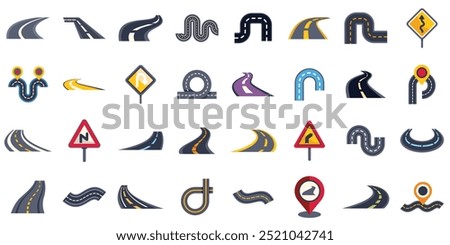 Collection of road icons representing various road types, directions, turns, and symbols commonly encountered while driving