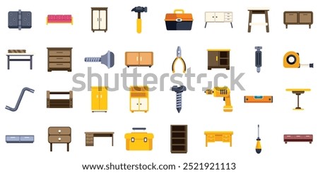 Furniture assembly icons set featuring tools and furniture pieces in flat design style