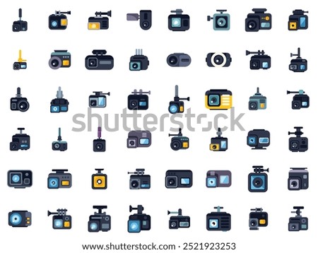 Set of action camera and car dvr icons showing different models and functionality of devices for shooting video