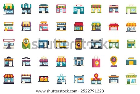 Diverse collection of colorful store front icons is representing various local businesses and services