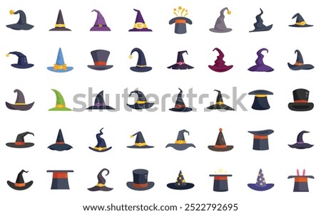 Large set of wizard, witch and magician hats covering many styles, from tall pointed hats to small and wide brimmed hats