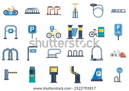 Bicycle parking icon set featuring parking lots, signs, and equipment for safe and secure bicycle storage