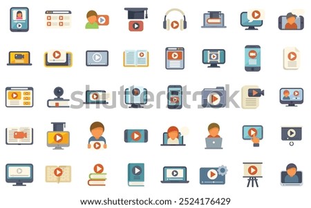 Large set of flat icons depicting various aspects of video, video content and online education