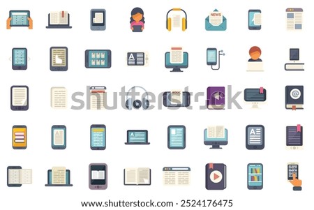 People reading ebooks, listening audiobooks, using online libraries concept icons