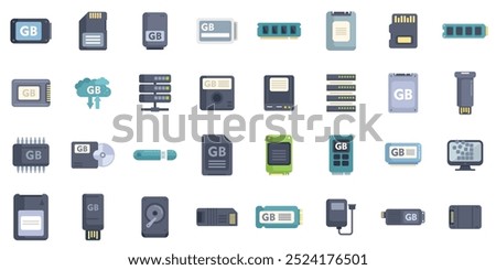 This set of icons depicts various devices used for computer storage and data transfer, with a focus on gigabyte capacity