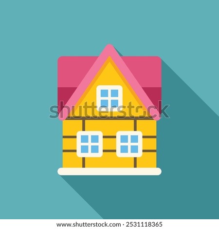 Minimalist vector illustration of a yellow wooden house with a pink roof, casting a long shadow on a blue background