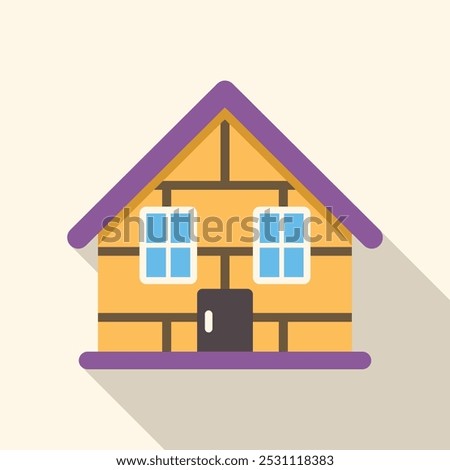 Small brick house with purple roof casting long shadow on white background, in flat design style