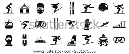 Ski jumping icons set. People skiing and downhill skiing equipment icon set in simple style