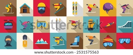 Ski jumping icons set. This set features athletes skiing and snowboarding and winter sports equipment icons in a flat design with long shadows