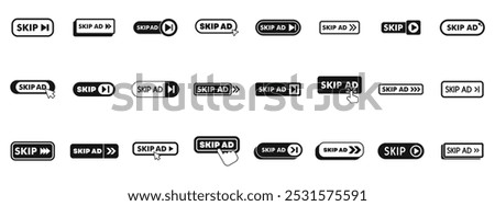 Skip ad icons set. Different skip ad buttons allowing users to bypass promotional content