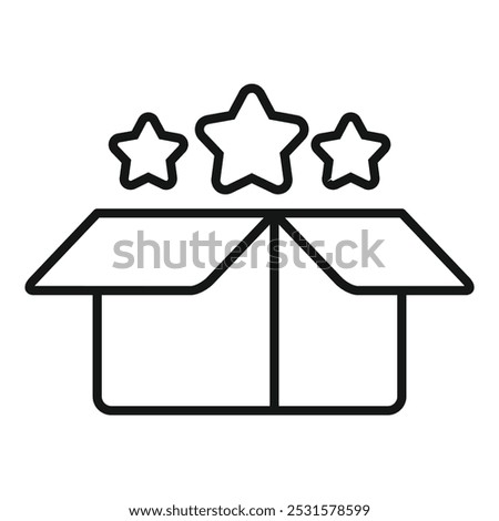 Line drawing of an open cardboard box with three five pointed stars above it, representing positive customer feedback and satisfaction