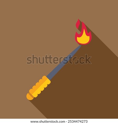 Red hot burning metal rod with wooden handle flat design icon with long shadow on brown background