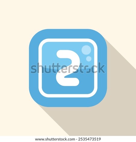 Blue rounded square icon with long shadow, showing number two, for application button or web design element