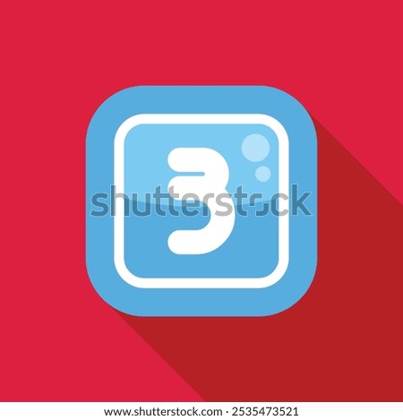 Number three on blue app button with long shadow on red background, suitable for use as an icon in web design