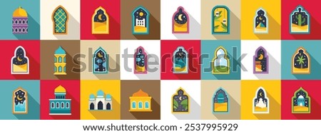 Arch window mosque muslim building icons set. Colorful collection of arabian architecture showcasing mosques, arched windows, and desert landscapes under the moonlit sky