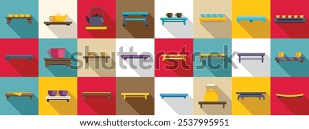 Tea ceremony table icons set. Tea ceremony accessories and trays icons showing traditional ritual objects and furniture