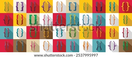 Bracket parenthesis icons set. Set of colorful curly brackets icons in a grid layout, symbolizing programming, coding, and software development