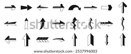 Straight long arrow icons set. Set of different arrow icons indicating various directions, perfect for highlighting movement, progress, or choice