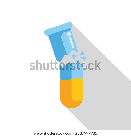 Broken test tube containing orange liquid is leaking, flat icon design style with long shadow