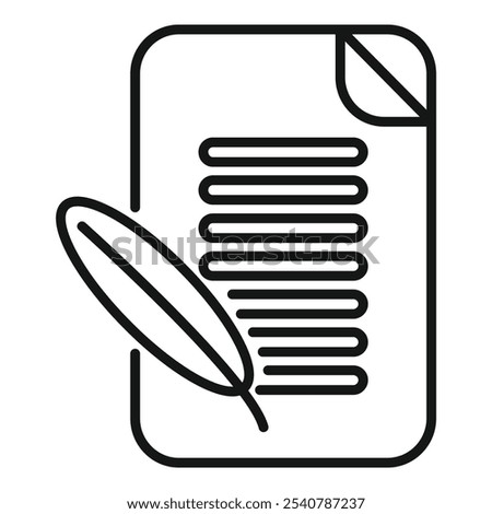 Feather pen writing on a paper document icon in outline style