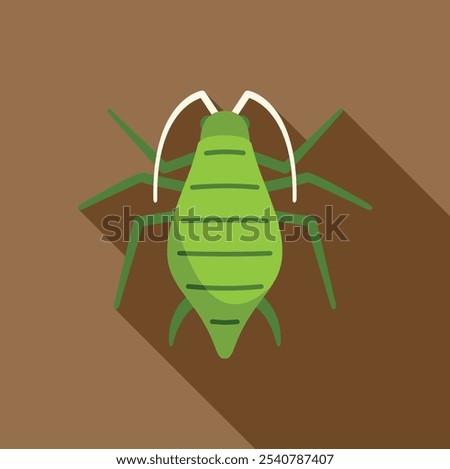 Green aphid bug insect pest icon in flat design style with long shadow on brown background