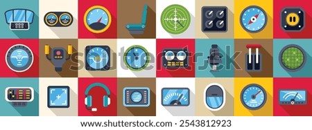 Airplane cockpit icons set. Colorful flat design icons of airplane cockpit instruments, controls, and pilot interface elements, providing essential flight data and navigation tools