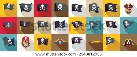 Jolly roger icons set. Set of pirate flags with skull and crossbones, jolly roger, tricorn hat, and cutlass icons