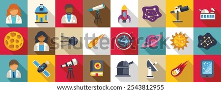 Scientist astronomer icons set. Astronomy science icons showing scientists exploring the solar system and outer space with rockets, telescopes and satellites