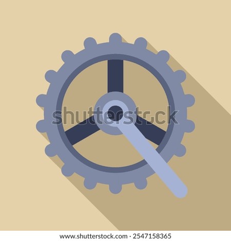 Gear wheel with cogs is rotating clockwise, casting a long shadow