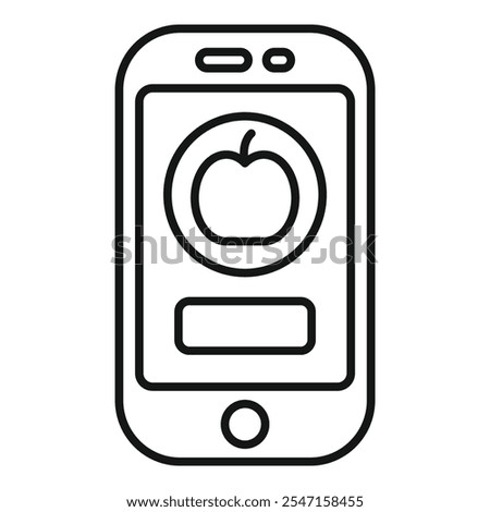 Line drawing of a mobile phone displaying an online grocery shopping app with an apple icon