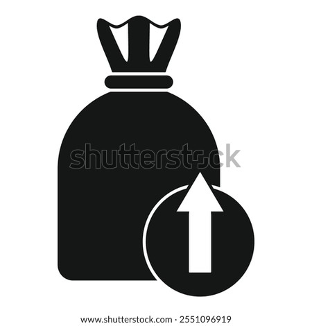 Black and white icon of a full garbage bag with an up arrow sign, symbolizing increasing amounts of trash