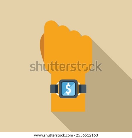 Hand wearing smartwatch displaying dollar sign on screen, representing mobile payment and finance technology