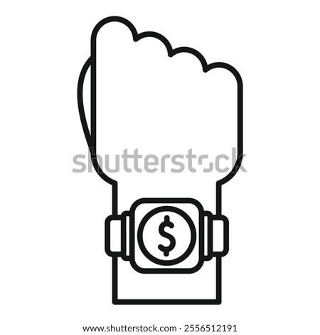 Line drawing of a hand wearing a smartwatch showing dollar symbol for nfc payment