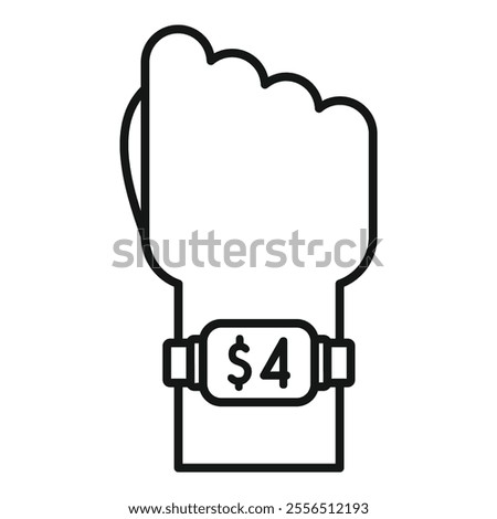 Outline icon of a hand wearing an nfc payment bracelet showing a balance of four dollars