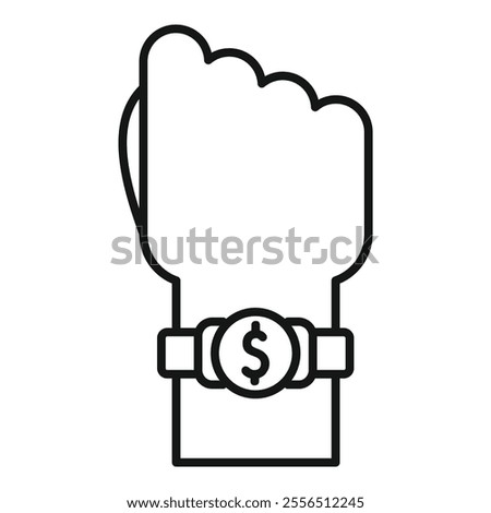 Line drawing of a hand wearing a smartwatch with a dollar coin showing financial technology concept