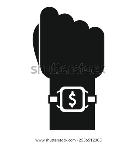 Silhouette of a hand wearing a smartwatch showing dollar sign for nfc payment