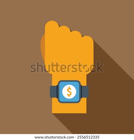 Hand wearing smartwatch showing dollar sign on screen, in flat design with long shadow