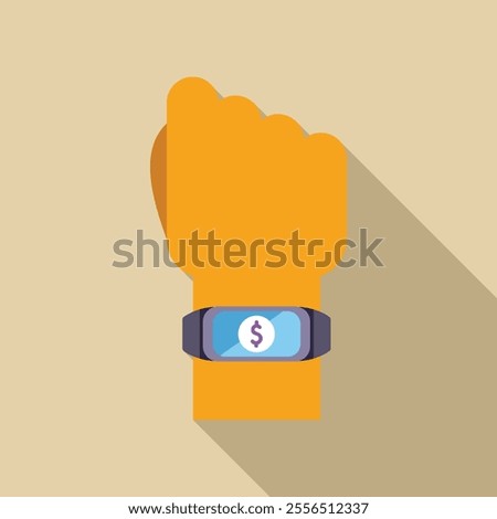 Hand wearing a smartwatch showing dollar sign on screen, in flat design with long shadow