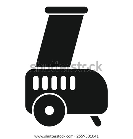 Black glyph icon of a wood chipper machine with a modern design, featuring a large wheel and a powerful engine