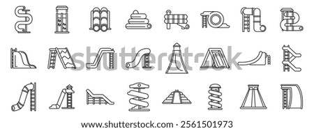 Water slide icons set. Line icons representing different playground equipment like slides, ramps, and climbing structures, perfect for illustrating children's outdoor activities