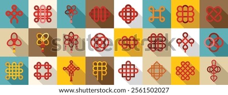 Chinese knots icons set. Colorful chinese knots representing luck, prosperity and longevity are displayed with long shadows