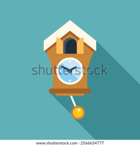 Cuckoo clock showing five o'clock with long shadow on turquoise background