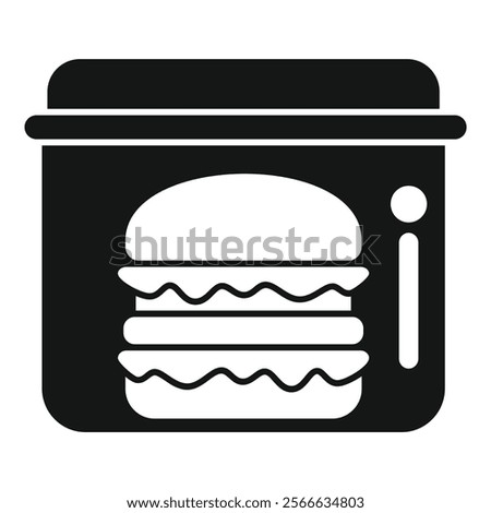 Black glyph icon for double burger being heated in microwave with information sign