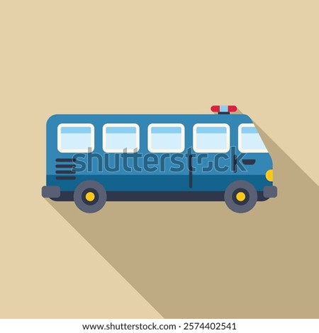 Blue police bus driving right with siren on in flat design with long shadow