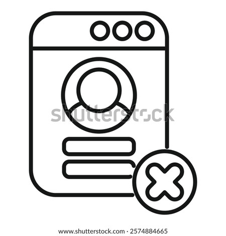 This simple vector icon represents the concept of deleting an online account, featuring a profile with an x mark