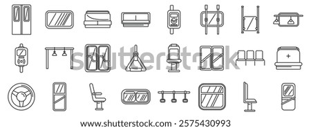  Bus interior icons set. Linear icons of public transport interior elements including seats, doors, windows, handrails, and other essential components