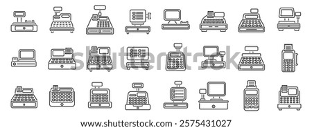 Cashier machine icons set. Collection of cash register icons representing various point of sale systems used in retail stores, supermarkets, and other commercial establishments